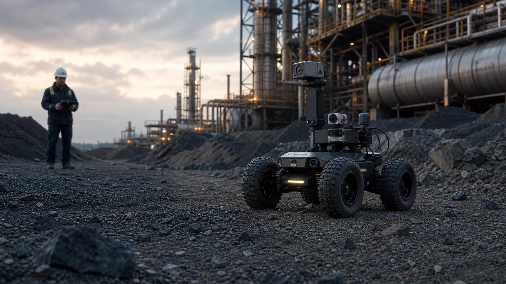 Ground inspection robot operating beside industrial infrastructure