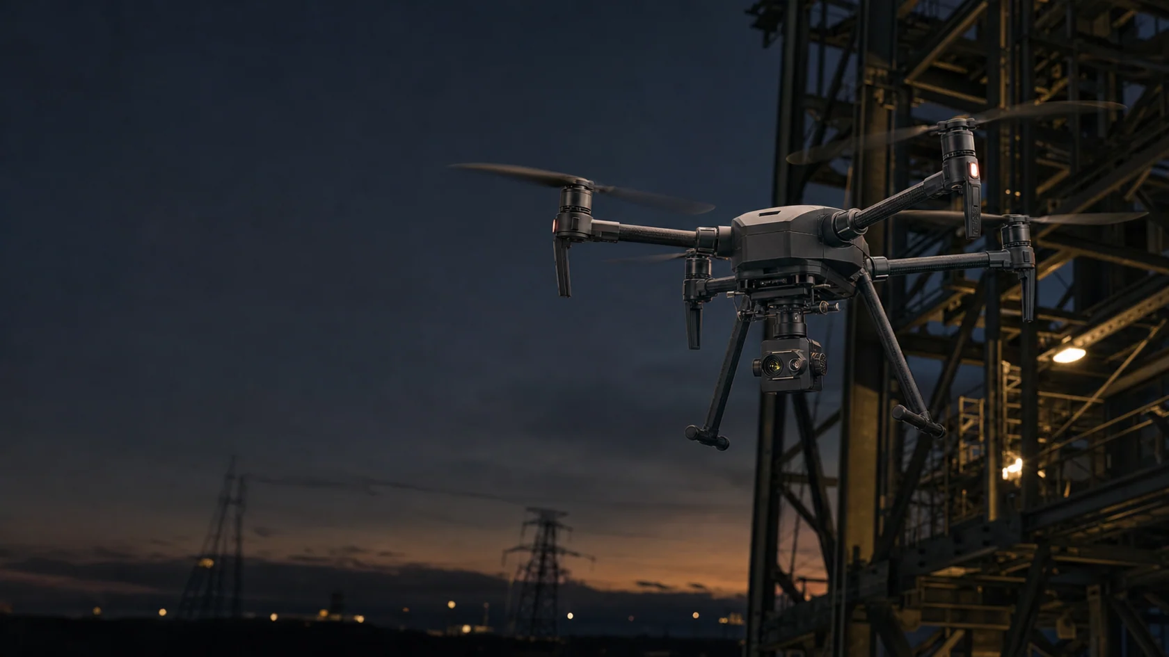 Industrial drone inspecting an energy facility