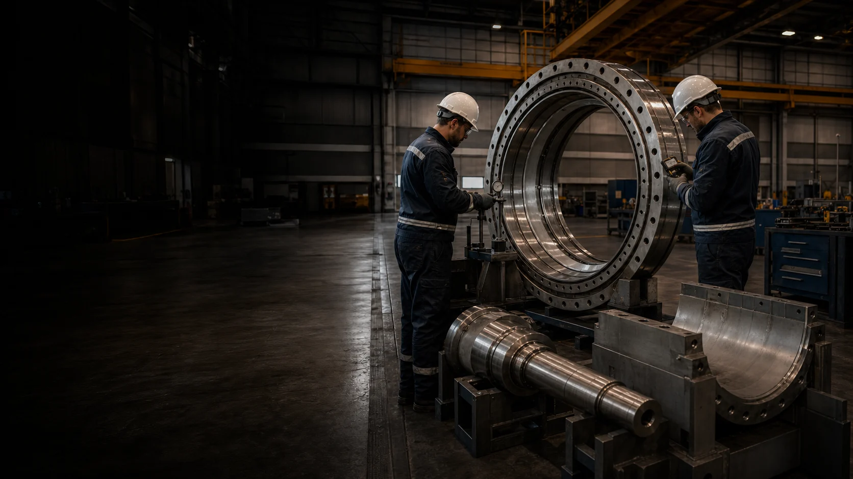 Technicians dimensionally inspecting a large bearing and dismantled components