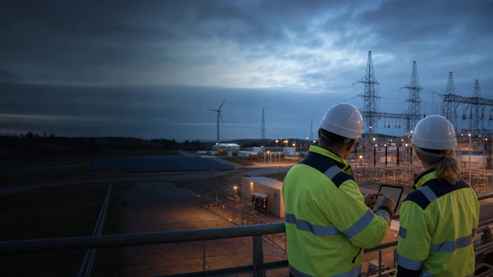 Especialistas revisando infraestructura energética integrada sobre el terreno